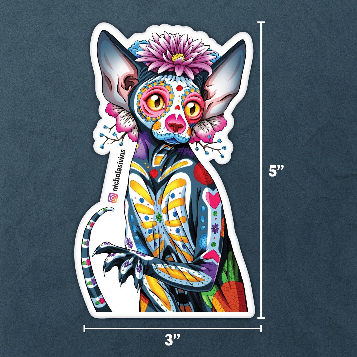Day of the Dead Cat Sphynx Sticker - "Orquídea"