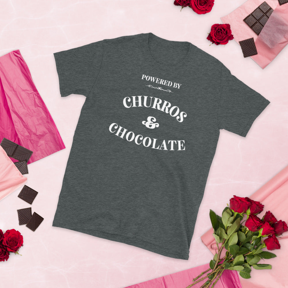 Powered by Churros and chocolate t-shirt, white text on heather grey tee.