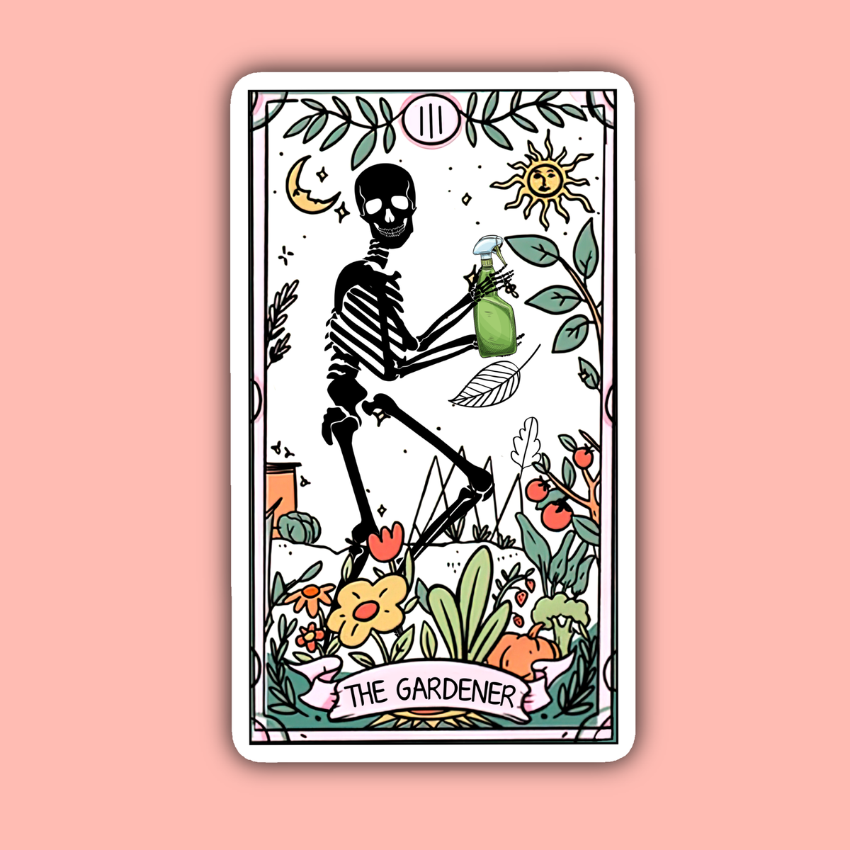 Card featuring a skeleton labeled 'The Gardener' with plants and flowers on a pink background