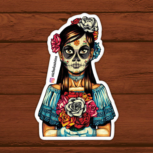 Day of the Dead Flower Girl Sticker - "Muerta"