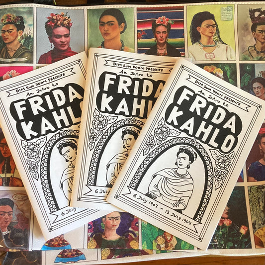 Cover image for 'Frida Kahlo: An intro - Zine Edition', displayed on Chukaruka.com, featuring expressive artwork inspired by Frida Kahlo's life and style