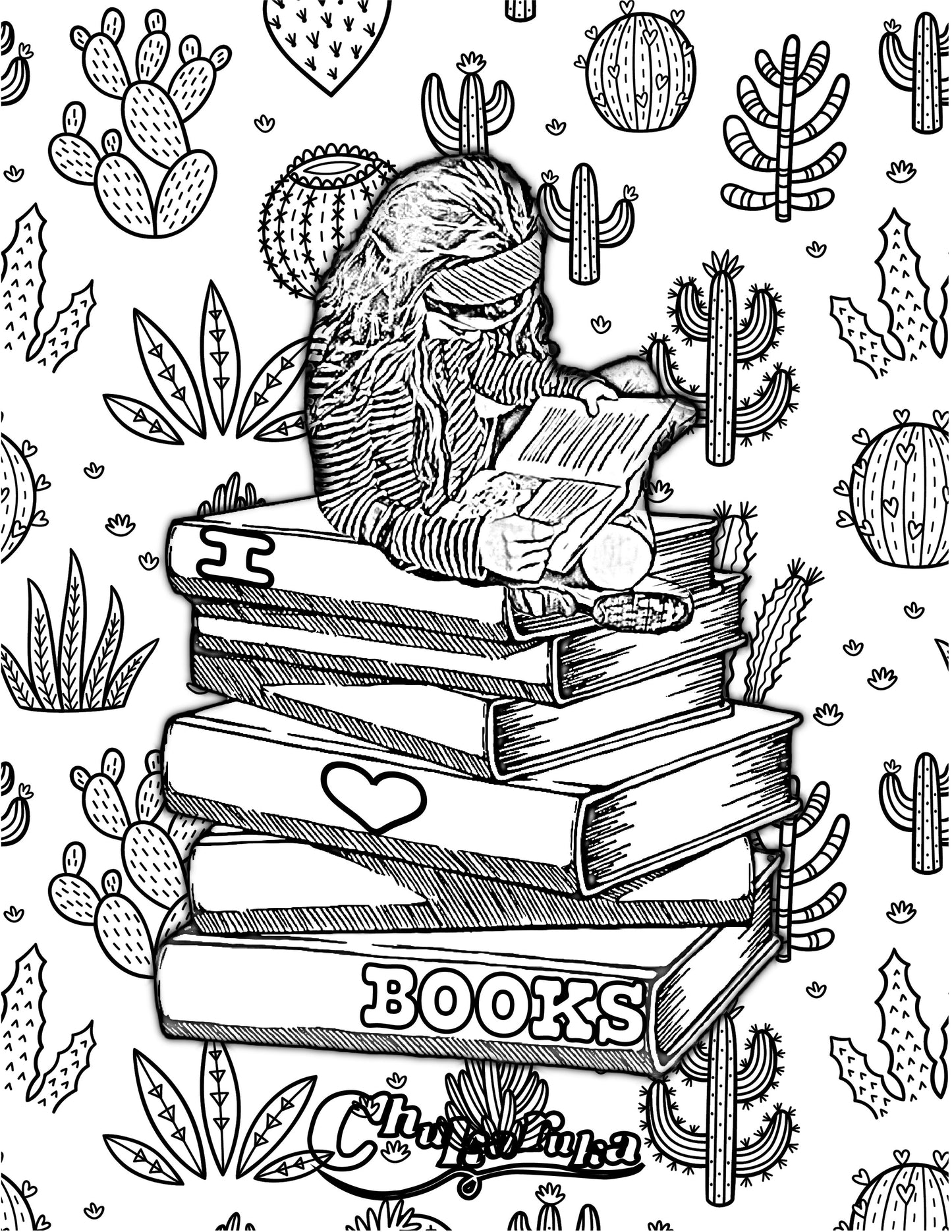 Magical Reading Adventure: Girl atop Floating Books amidst Cacti-Scenery Coloring Page