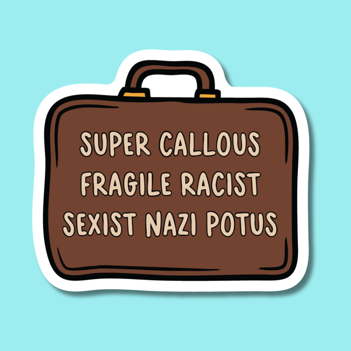 Brown suitcase with text on a blue background