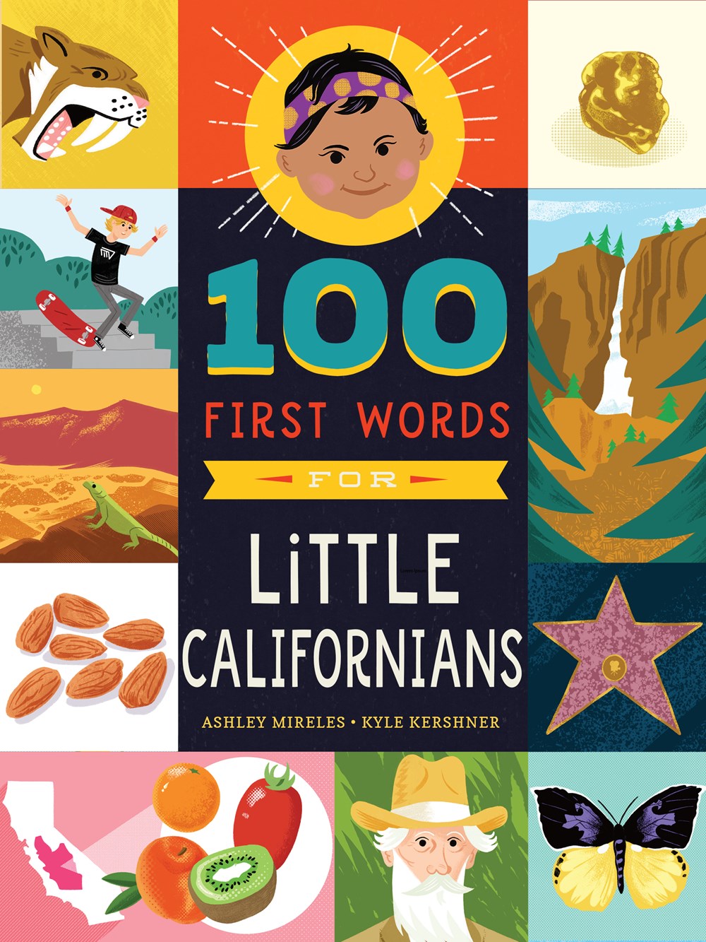 Cover of the book '100 First Words for Little Californians' featuring colorful illustrations of California-themed objects and landmarks, like Golden Gate Bridge, palm trees, and more