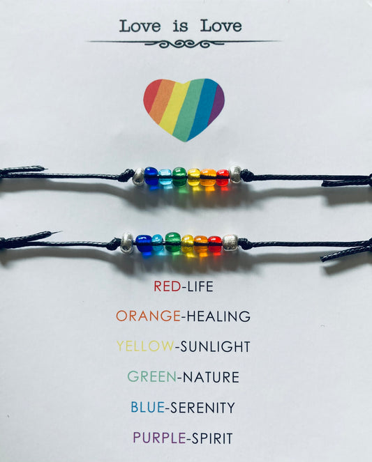 Love is Love, Multicolored beads on black string bracelet. LGBTQ. Pride. 