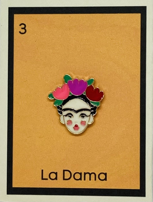 Frida Kahlo inspired lapel pin Lady with pink, purple, and red flowers in her hair