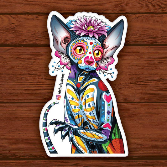 Day of the Dead Cat Sphynx Sticker - "Orquídea"