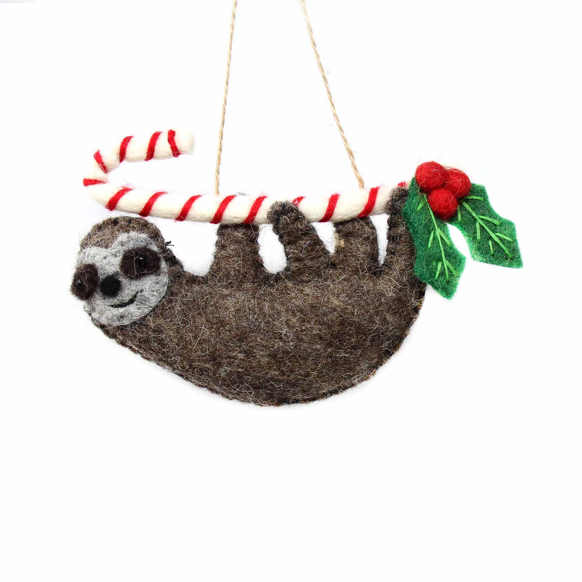Christmas Sloth on Candy Cane Felt Ornament