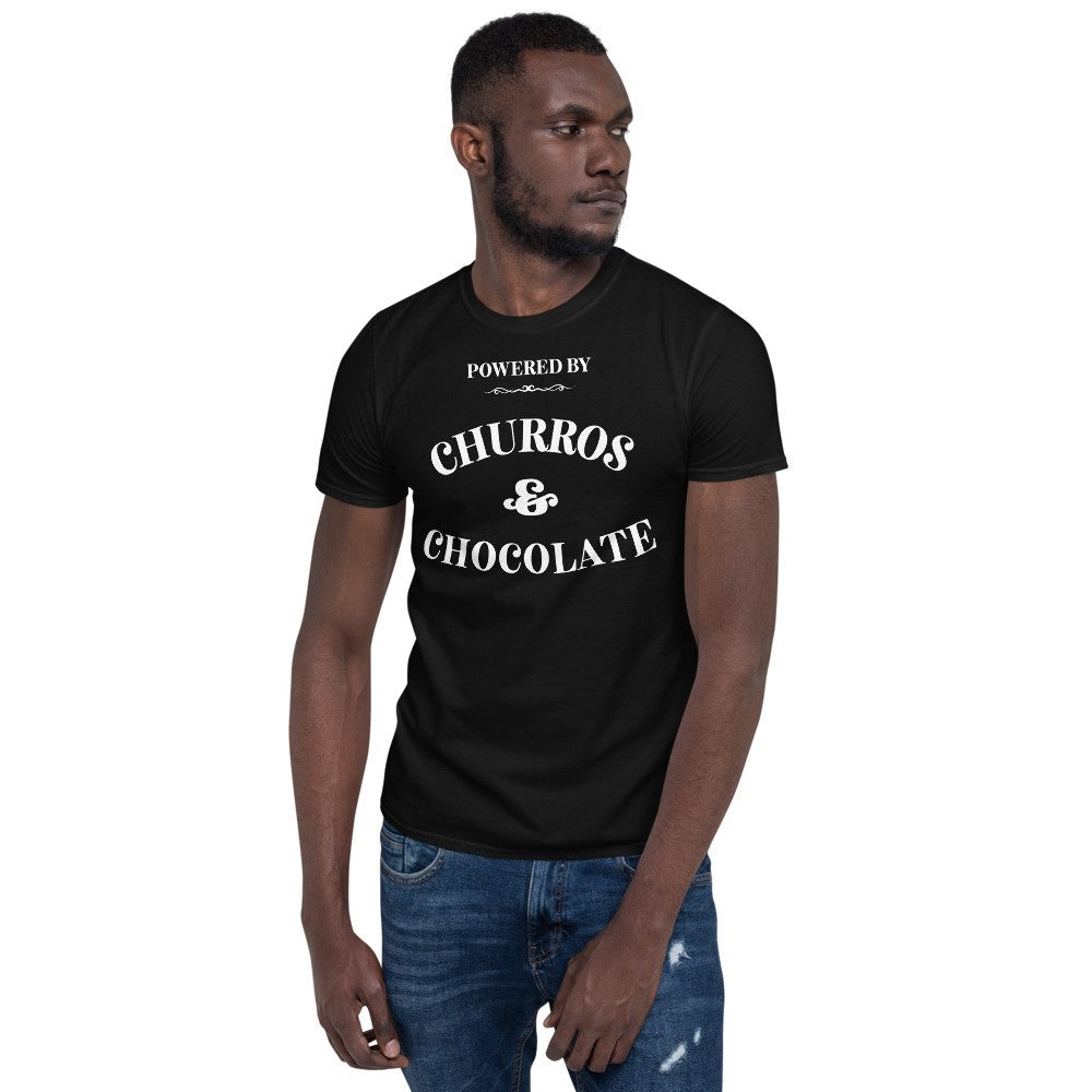 Powered by Churros and chocolate t-shirt, white text on black tee. 