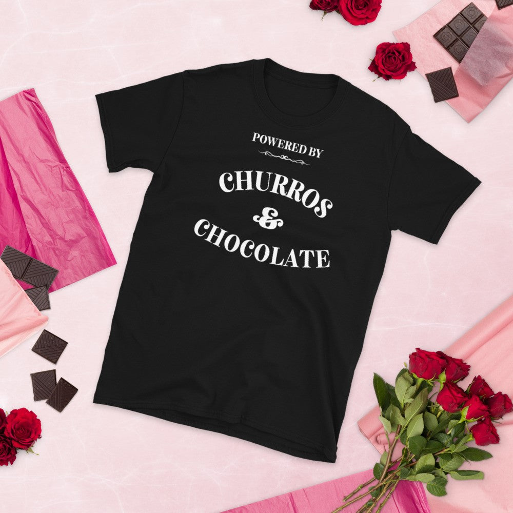Powered by Churros and chocolate t-shirt, white text on black tee. Valentine's Day display