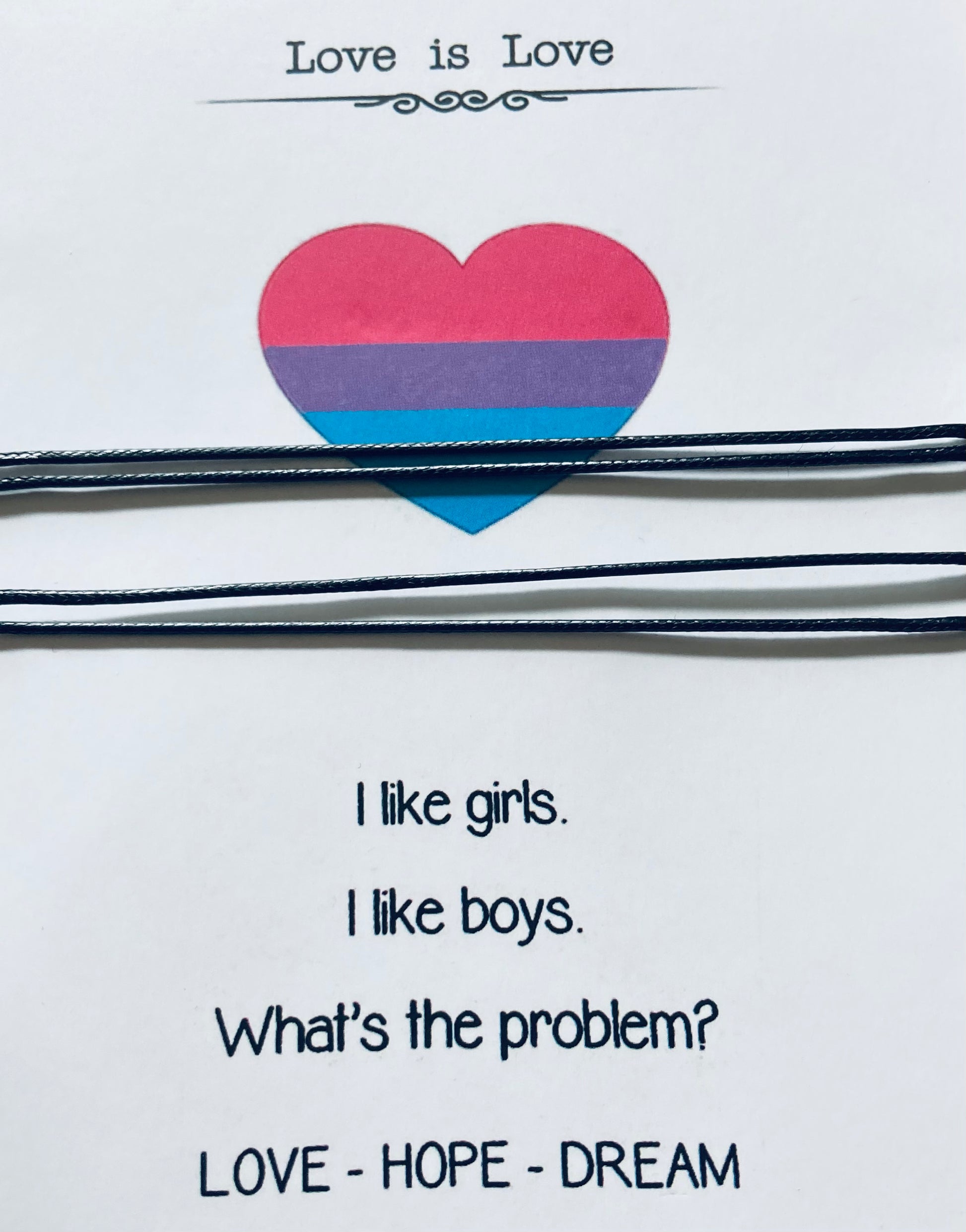 black string on Love is love bracelet. LGBTQ. pride 