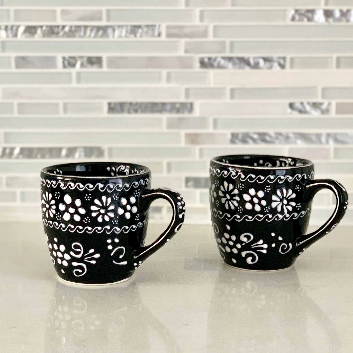 Hand painted mexican pottery black mugs