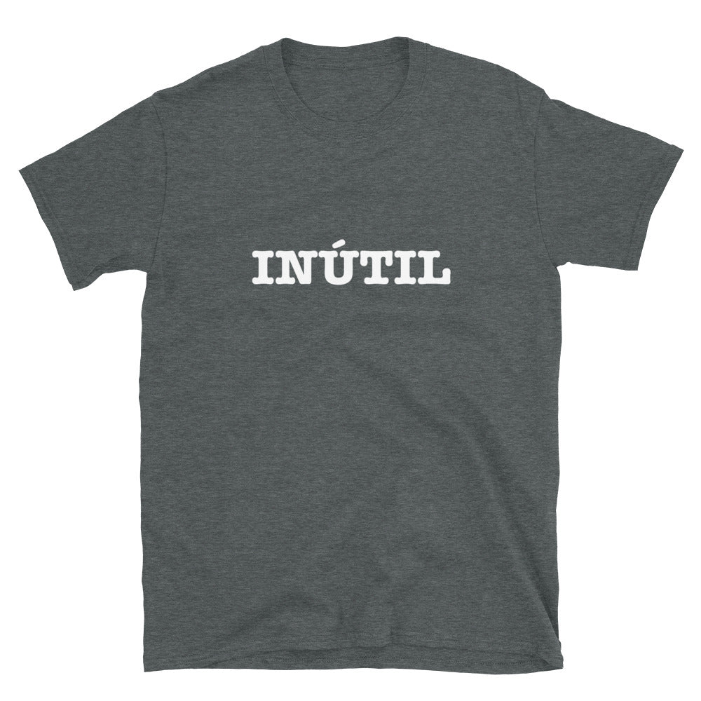 Inutil t-shirt with white text on gray shirt 