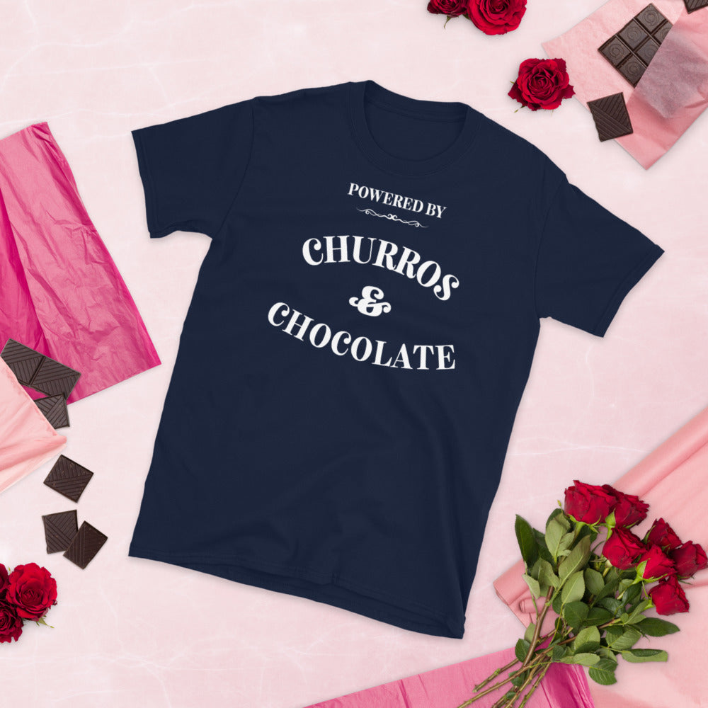 Powered by Churros and chocolate t-shirt, white text on blue tee. logo for t-shirt in white text