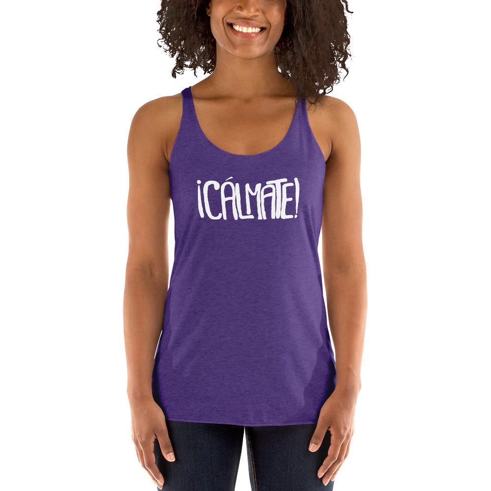 Purple tank top with white text Cálmate 