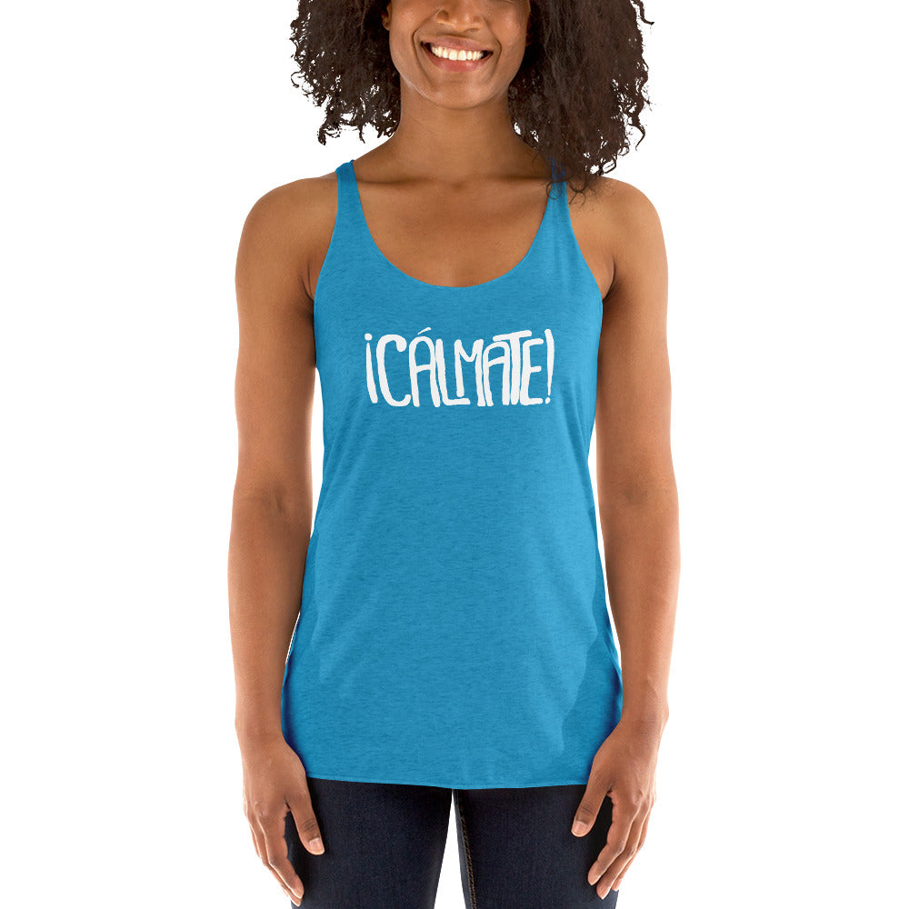 Blue tank top with white text Cálmate 